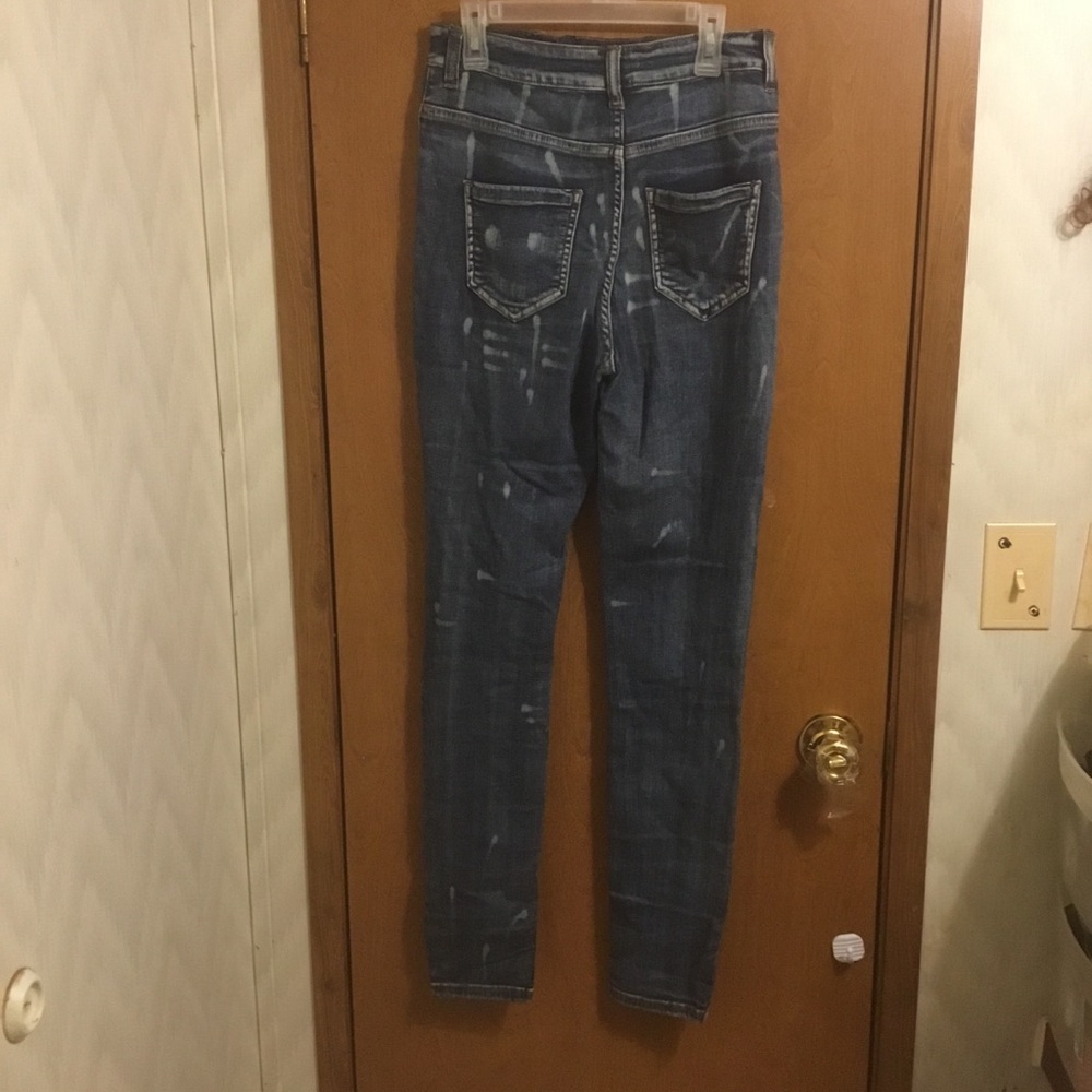 Fashion Nova Medium Wash High Waisted Destroyed Paint Splatter Skinny Jeans 7 - Picture 2 of 9